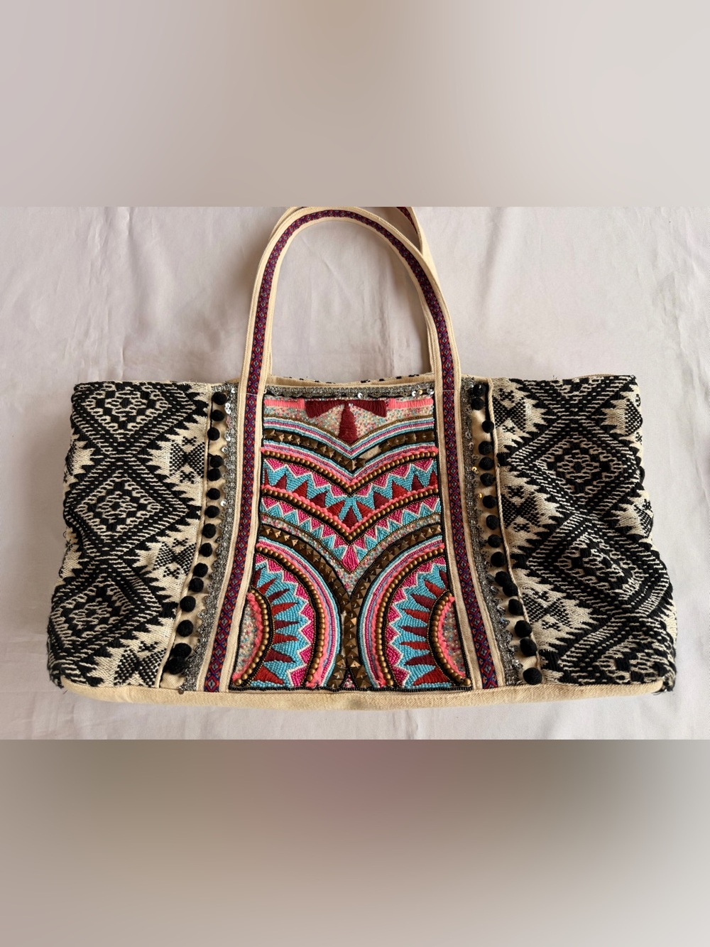 America & Beyond Tribal Beaded Bohemian Embroidered Large Canvas Tote